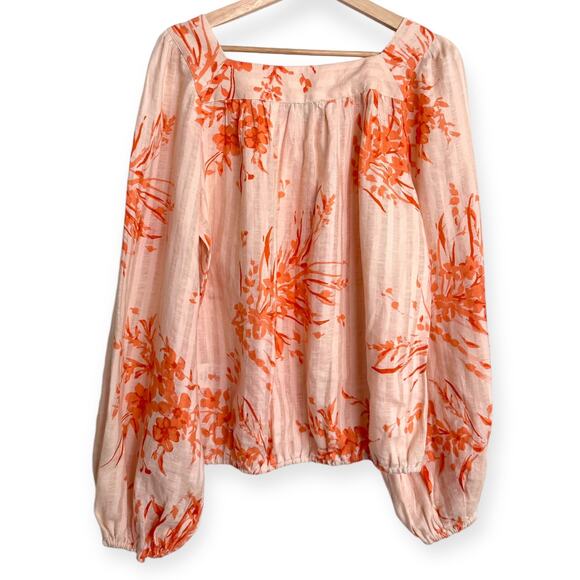 Joie 100% Linen Balloon Sleeve Square Neck Floral Peasant Blouse Women's Size S - Picture 2 of 9